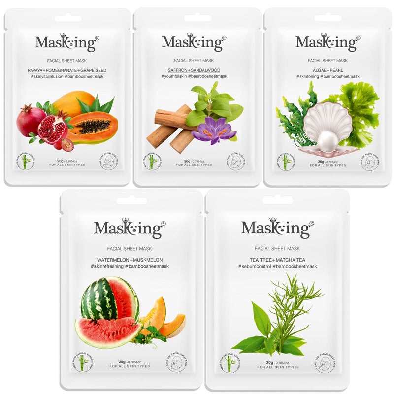 MasKing Bamboo Facial Sheet Mask of Papaya Saffron Algae Watermelon Tea Tree Ideal for Women Men 100ml Combo Pack of 5 - Image 1