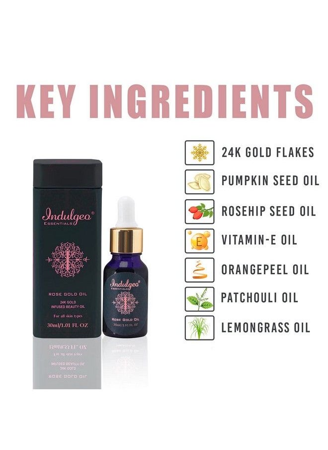 Indulgeo ESSENTIALS - زيت الجمال الوردي الذهبي (30 مل)؛ برايمر مكياج خفيف معزز بالذهب عيار 24 قيراط؛ لمكافحة الشيخوخة؛ سيروم توهج فوري؛ لجميع أنواع البشرة؛ زيت فيتامين سي الطبيعي وزيت بذور الورد - Image 1