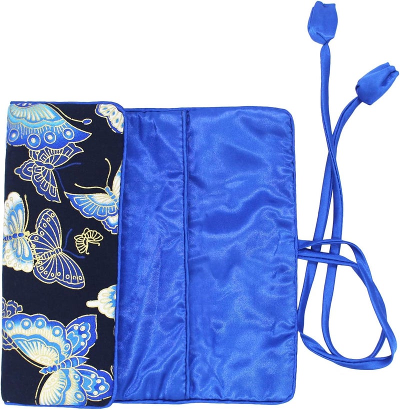SmilerSmile Jewelry Travel Bag Embroidery Travel Jewelry Organizer with Tie Close Embroidered Flower Jewelry Roll for Women Girls (Butterfly/D Blue) - Image 3