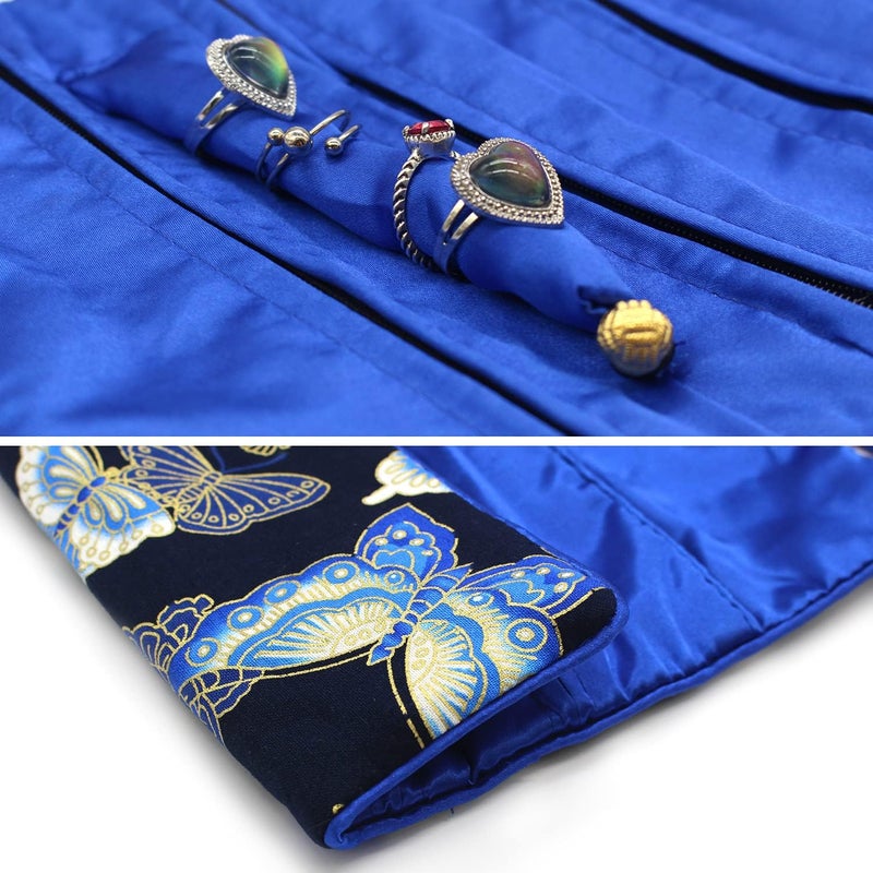 SmilerSmile Jewelry Travel Bag Embroidery Travel Jewelry Organizer with Tie Close Embroidered Flower Jewelry Roll for Women Girls (Butterfly/D Blue) - Image 5