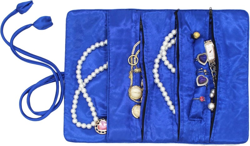 SmilerSmile Jewelry Travel Bag Embroidery Travel Jewelry Organizer with Tie Close Embroidered Flower Jewelry Roll for Women Girls (Butterfly/D Blue) - Image 2