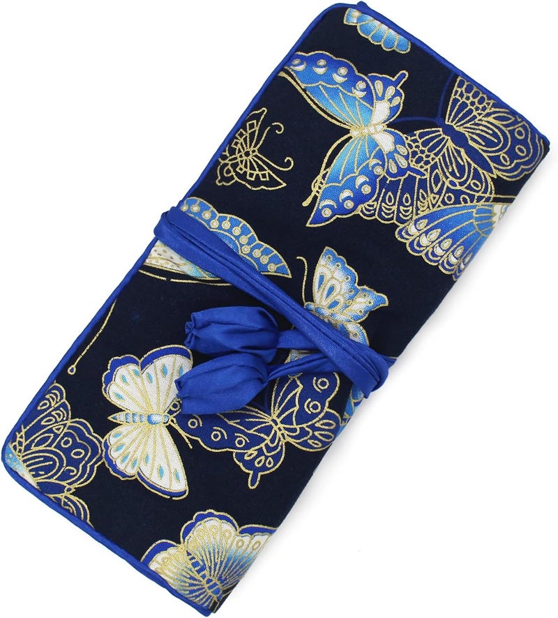 SmilerSmile Jewelry Travel Bag Embroidery Travel Jewelry Organizer with Tie Close Embroidered Flower Jewelry Roll for Women Girls (Butterfly/D Blue) - Image 1