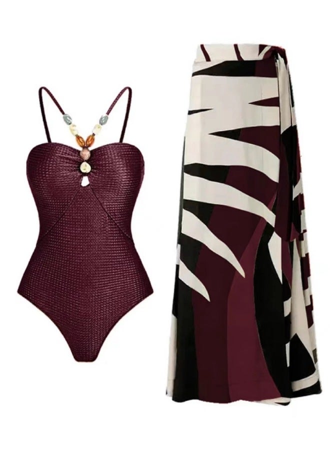 Loquat Outdoor One-piece Gauze Dress Suit Swimsuit Hot Spring Women's Strap Bikini High-grade Sense Plus Size Conservative-Color:Reddish Brown Bright- - Image 1