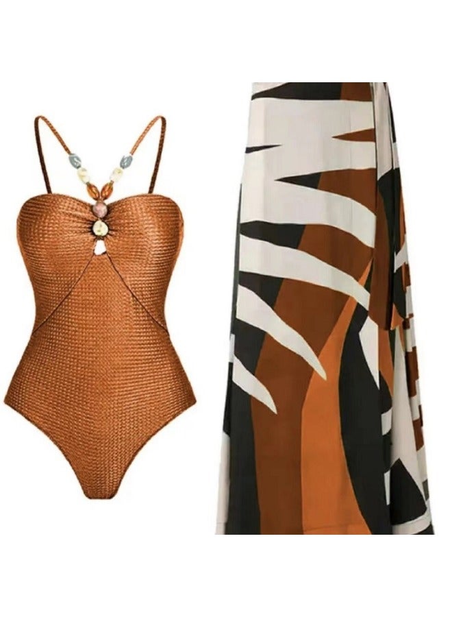 Loquat Outdoor One-piece Gauze Dress Suit Swimsuit Hot Spring Women's Strap Bikini High-grade Sense Plus Size Conservative-Color:Reddish Brown Bright- - Image 4