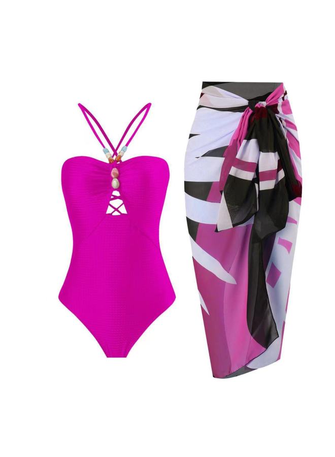 Loquat Outdoor One-piece Gauze Dress Suit Swimsuit Hot Spring Women's Strap Bikini High-grade Sense Plus Size Conservative-Color:Reddish Brown Bright- - Image 2