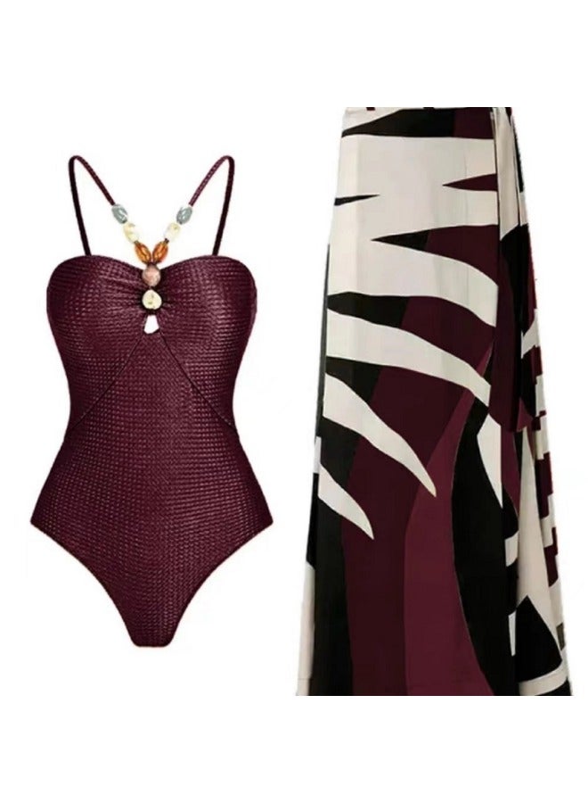 Loquat Outdoor One-piece Gauze Dress Suit Swimsuit Hot Spring Women's Strap Bikini High-grade Sense Plus Size Conservative-Color:Reddish Brown Bright- - Image 3