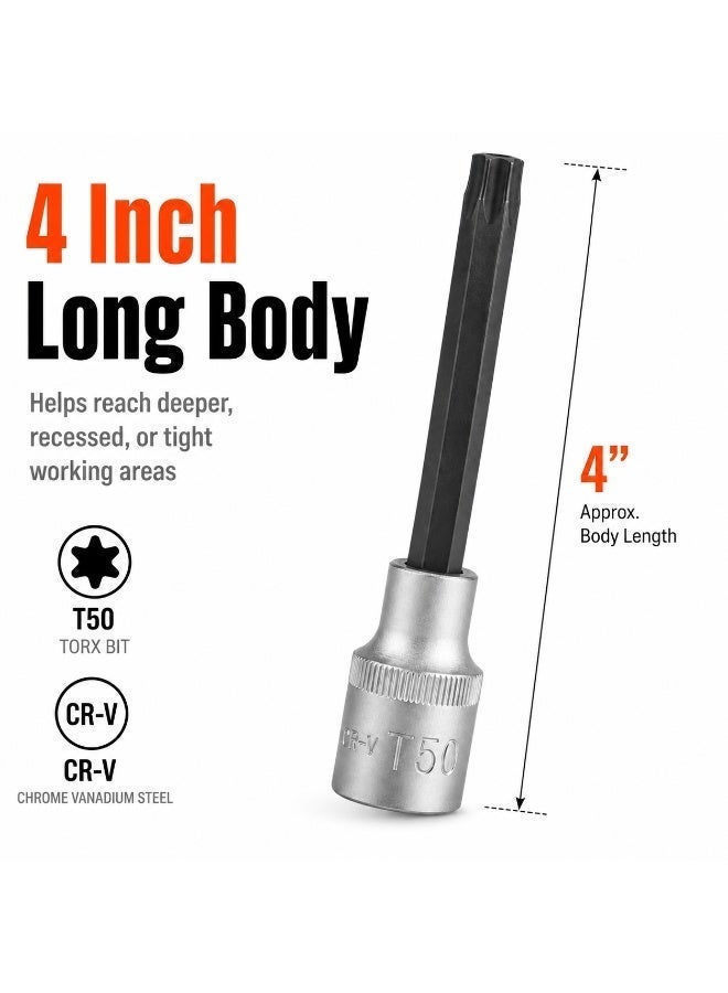 T50 Torx Bit Socket 1/2 Inch Drive, 4 Inch Long CR-V Metal Star Socket Tool For Ratchet, Car Repair, Workshop & DIY Maintenance - Image 2