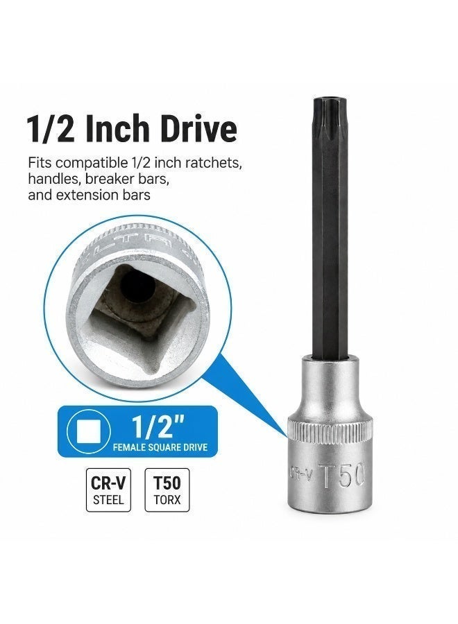 T50 Torx Bit Socket 1/2 Inch Drive, 4 Inch Long CR-V Metal Star Socket Tool For Ratchet, Car Repair, Workshop & DIY Maintenance - Image 3