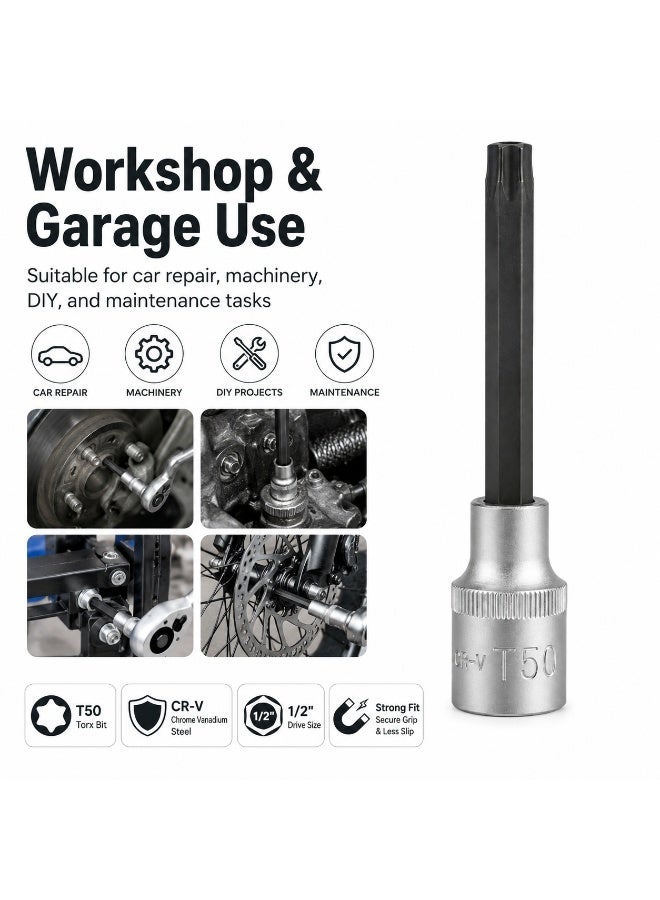 T50 Torx Bit Socket 1/2 Inch Drive, 4 Inch Long CR-V Metal Star Socket Tool For Ratchet, Car Repair, Workshop & DIY Maintenance - Image 5