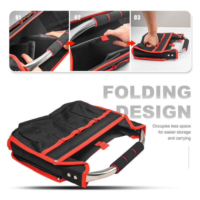 HAUTMEC 13 Inch Tool Bag, Foldable Open Top Tool Tote with Stiff Frame, 8 Pockets, Water-Resistant Molded Base & Padded Handle, Portable Electrician Tool Organizer for DIY & Jobsite Use â€“ TB0001 - Image 4