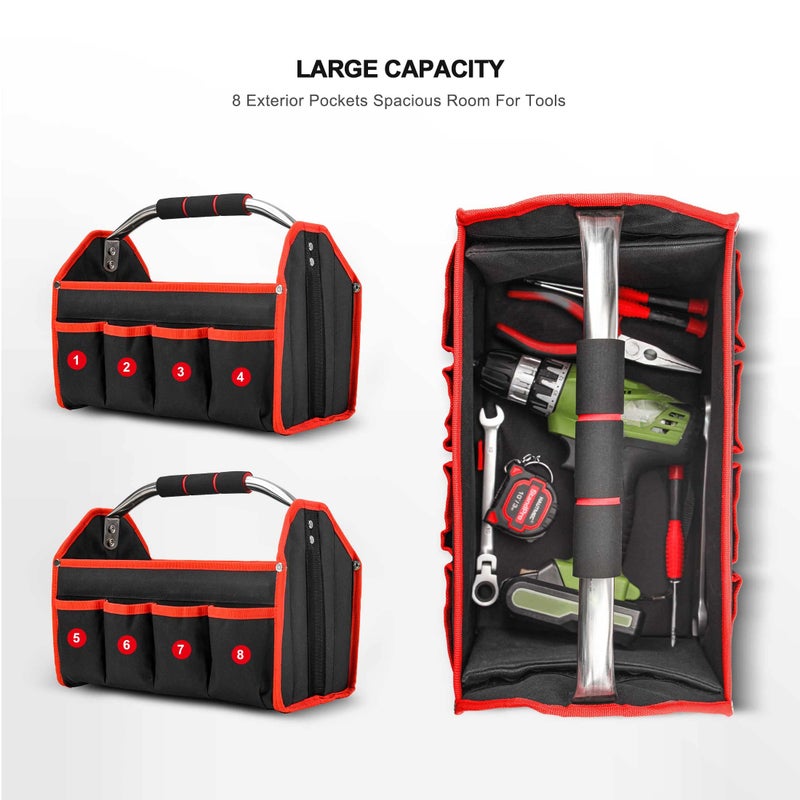HAUTMEC 13 Inch Tool Bag, Foldable Open Top Tool Tote with Stiff Frame, 8 Pockets, Water-Resistant Molded Base & Padded Handle, Portable Electrician Tool Organizer for DIY & Jobsite Use â€“ TB0001 - Image 3