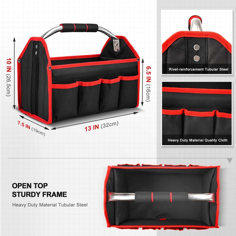 HAUTMEC 13 Inch Tool Bag, Foldable Open Top Tool Tote with Stiff Frame, 8 Pockets, Water-Resistant Molded Base & Padded Handle, Portable Electrician Tool Organizer for DIY & Jobsite Use â€“ TB0001 - Image 2