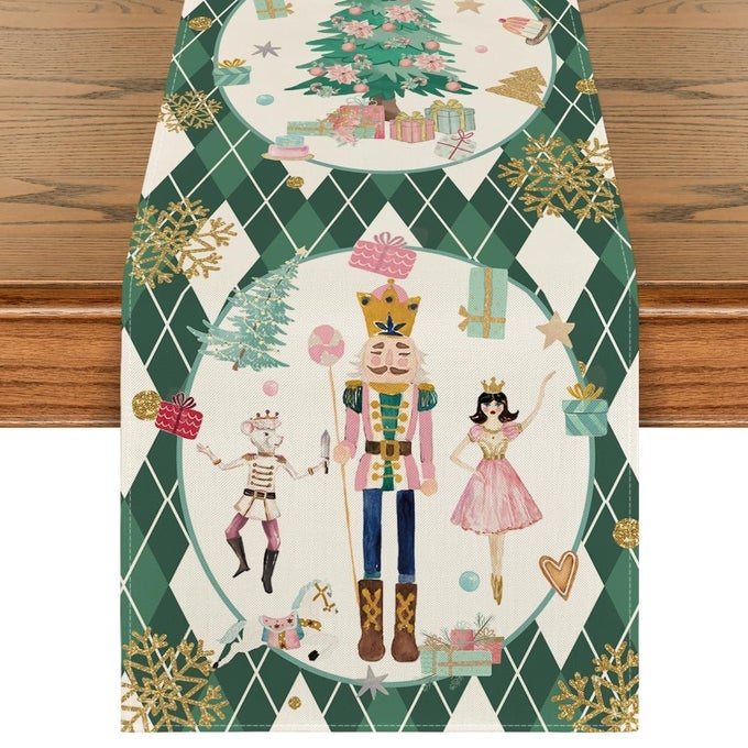 GREEN DIAMOND PLAID NUTCRACKER SNOWFLAKE CHRISTMAS TABLE RUNNER SEASONAL WINTER KITCHEN DINING TABLE DECORATION FOR HOME PARTY DECOR 13X72 INCH