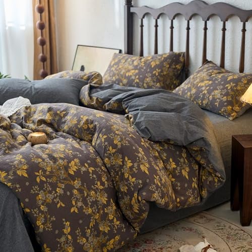 mixinni Vintage Floral Duvet Cover King Set Gold Jacquard Grey Reversible 100 YarnDyed DoubleLayer Cotton Breathable Luxurious Farmhouse Bedding 3Piece Includes 2 Pillowcases - Image 3