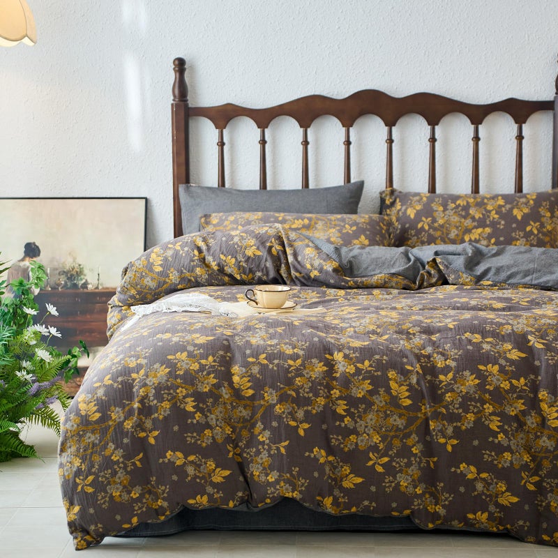 mixinni Vintage Floral Duvet Cover King Set Gold Jacquard Grey Reversible 100 YarnDyed DoubleLayer Cotton Breathable Luxurious Farmhouse Bedding 3Piece Includes 2 Pillowcases - Image 2