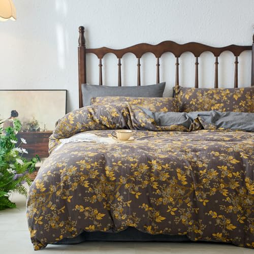 mixinni Vintage Floral Duvet Cover King Set Gold Jacquard Grey Reversible 100 YarnDyed DoubleLayer Cotton Breathable Luxurious Farmhouse Bedding 3Piece Includes 2 Pillowcases - Image 1