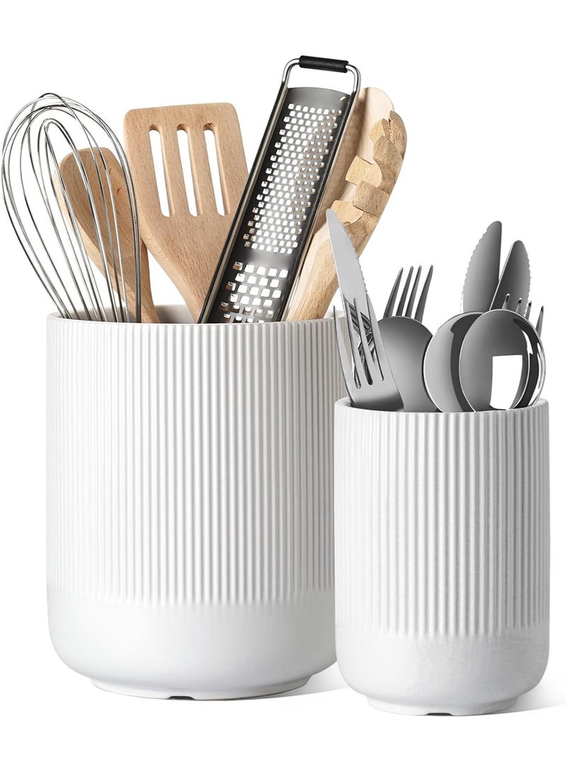 LENND Utensil Holder,Diameter  9.5cm+15cm Ceramic Kitchen Utensil Holder for Countertop, Large Cooking Utensil Crocks for Kitchen Counter, Morden Utensil Organizer for Spatula, Kitchen Decor, Set of 2, White - Image 1