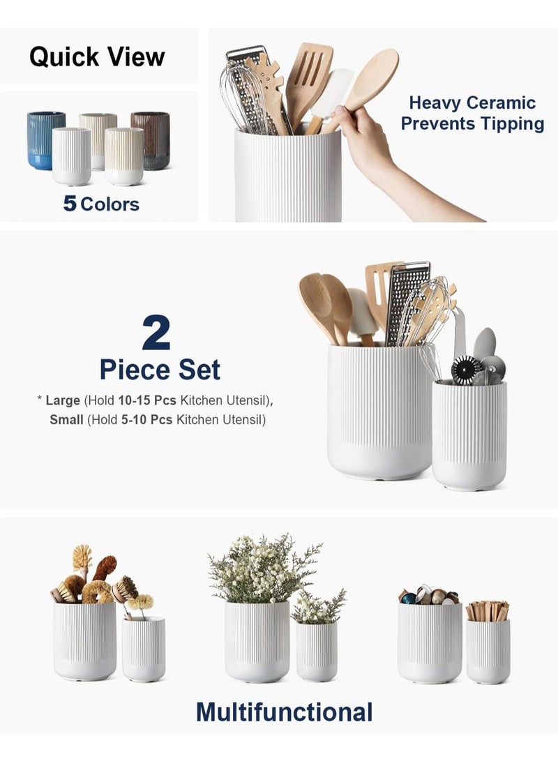 LENND Utensil Holder,Diameter  9.5cm+15cm Ceramic Kitchen Utensil Holder for Countertop, Large Cooking Utensil Crocks for Kitchen Counter, Morden Utensil Organizer for Spatula, Kitchen Decor, Set of 2, White - Image 2