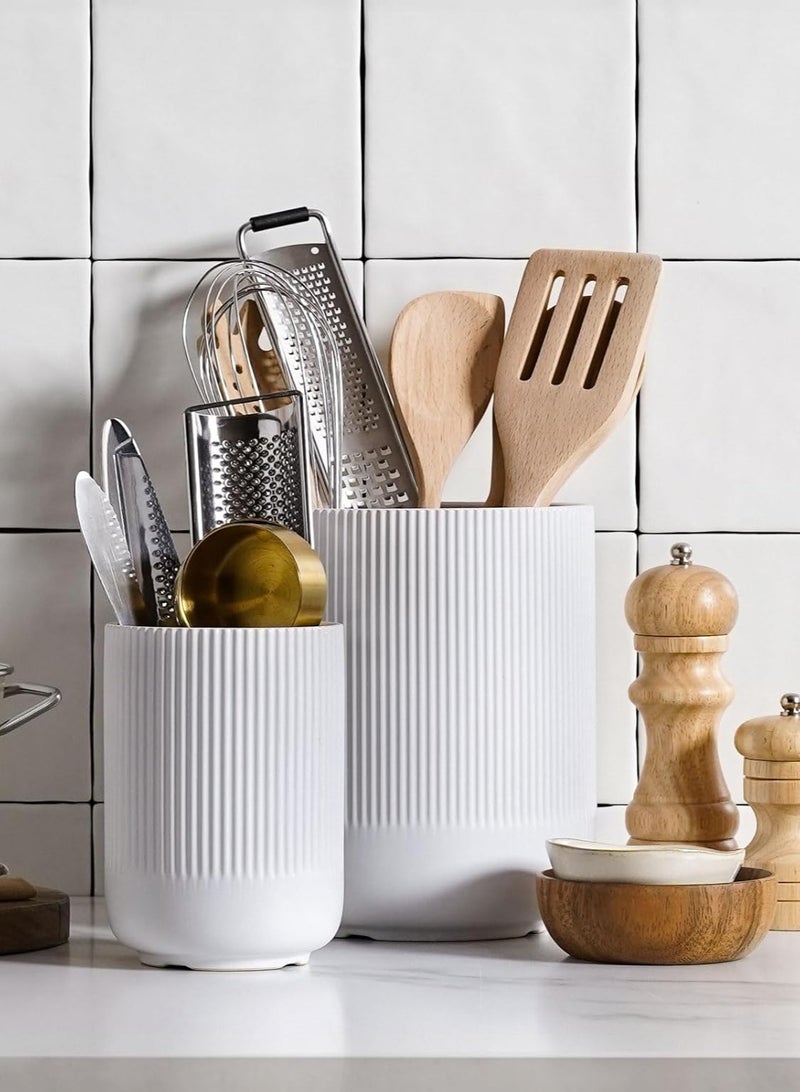 LENND Utensil Holder,Diameter  9.5cm+15cm Ceramic Kitchen Utensil Holder for Countertop, Large Cooking Utensil Crocks for Kitchen Counter, Morden Utensil Organizer for Spatula, Kitchen Decor, Set of 2, White - Image 3
