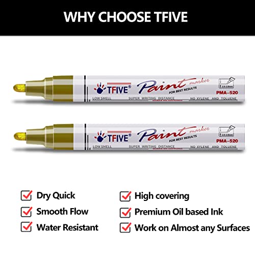 TFIVE Gold Permanent Paint Marker Pens - 2 Count Oil Based Marker Pen, Medium Tip, Waterproof & Quick Dry, for Office, Art projects, Rock Painting, Ceramic, Glass, Wood, Plastic, Metal, Canvas - Image 2