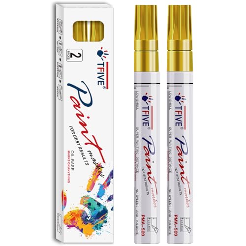 TFIVE Gold Permanent Paint Marker Pens - 2 Count Oil Based Marker Pen, Medium Tip, Waterproof & Quick Dry, for Office, Art projects, Rock Painting, Ceramic, Glass, Wood, Plastic, Metal, Canvas - Image 1