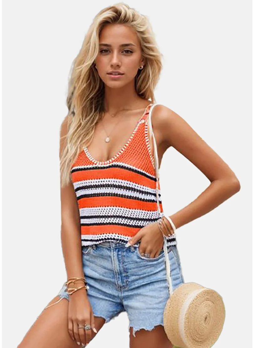 YUNIQEE Women V-neck Striped Sleeveless Top