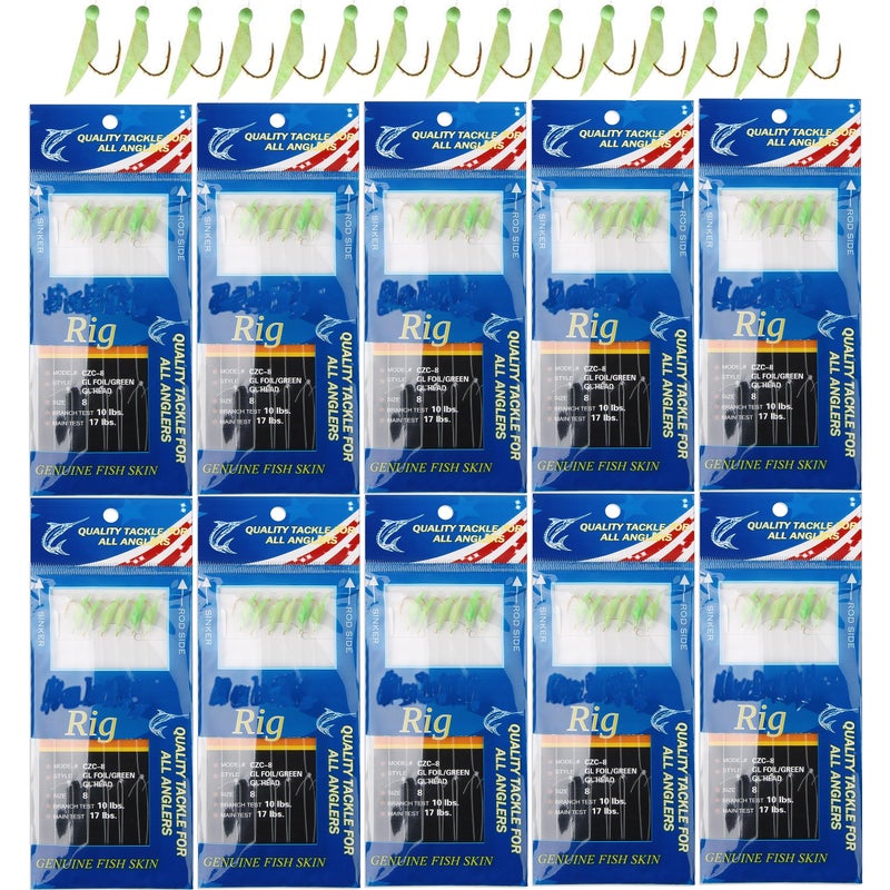 Shaddock Fishing Fishing Bait Rigs Saltwater, 10Packs Surf Fishing Rigs with Fish Skin Feather Fishing Hooks Swivels Glow Beads Rigs Sea Bass Rigs Fishing Bait Lures (CZC, 8#) - Image 1