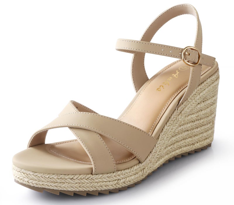 Ankis Wedge Sandals for Women, Nude Espadrille Womens Wedge Sandals Comfortable Open Toe Ankle Strap High Heel Wedges for Women Dressy Summer -3.4Inch - Image 1
