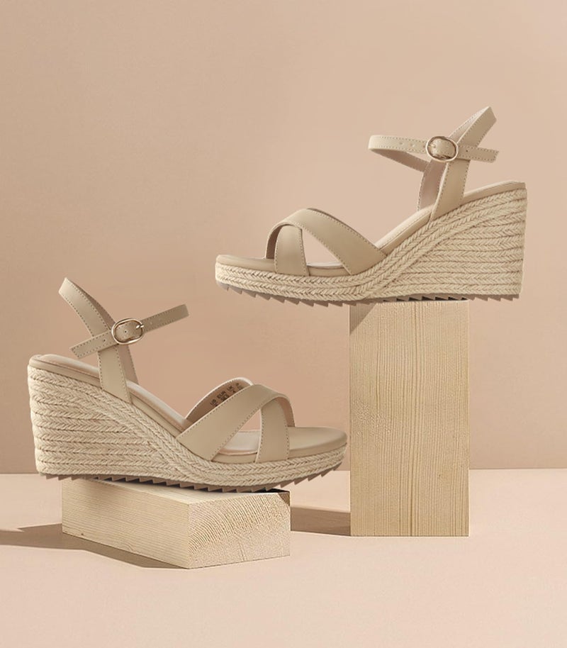 Ankis Wedge Sandals for Women, Nude Espadrille Womens Wedge Sandals Comfortable Open Toe Ankle Strap High Heel Wedges for Women Dressy Summer -3.4Inch - Image 3