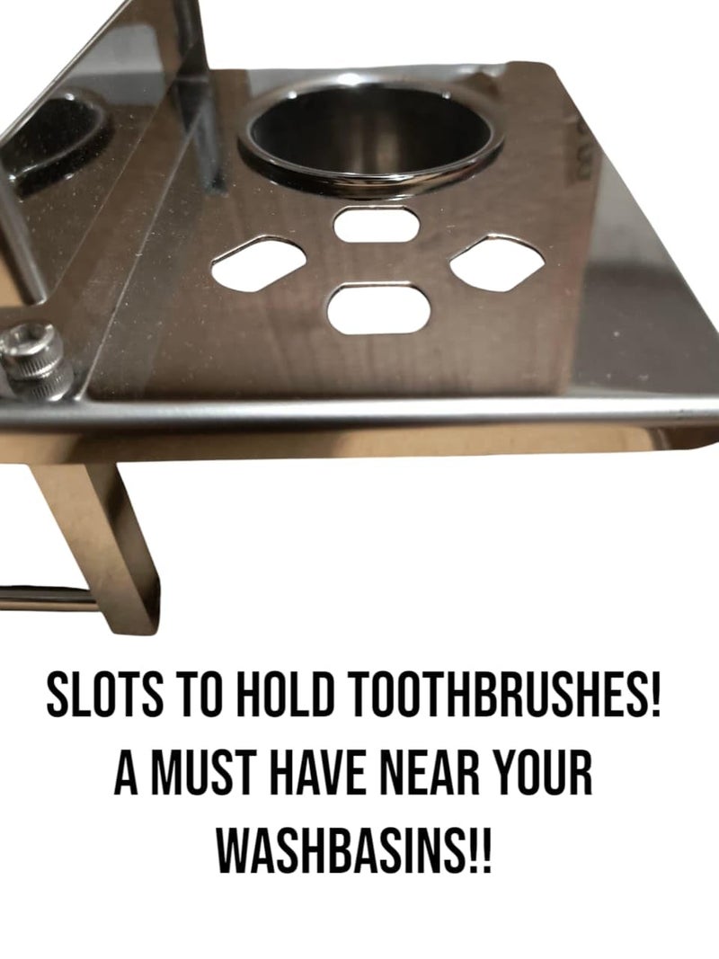 JTJ Stainless Steel Multipurpose Shelf for Bathroom | Durable Bathroom Accessories and Fittings | 4 in 1 Shelf with Tumbler Holder, Toothbrush Holder and Napkin Rod CP Finish Wall Mounted - Image 4