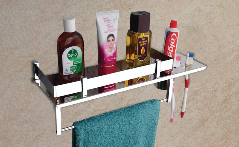 JTJ Stainless Steel Multipurpose Shelf for Bathroom | Durable Bathroom Accessories and Fittings | 4 in 1 Shelf with Tumbler Holder, Toothbrush Holder and Napkin Rod CP Finish Wall Mounted - Image 2