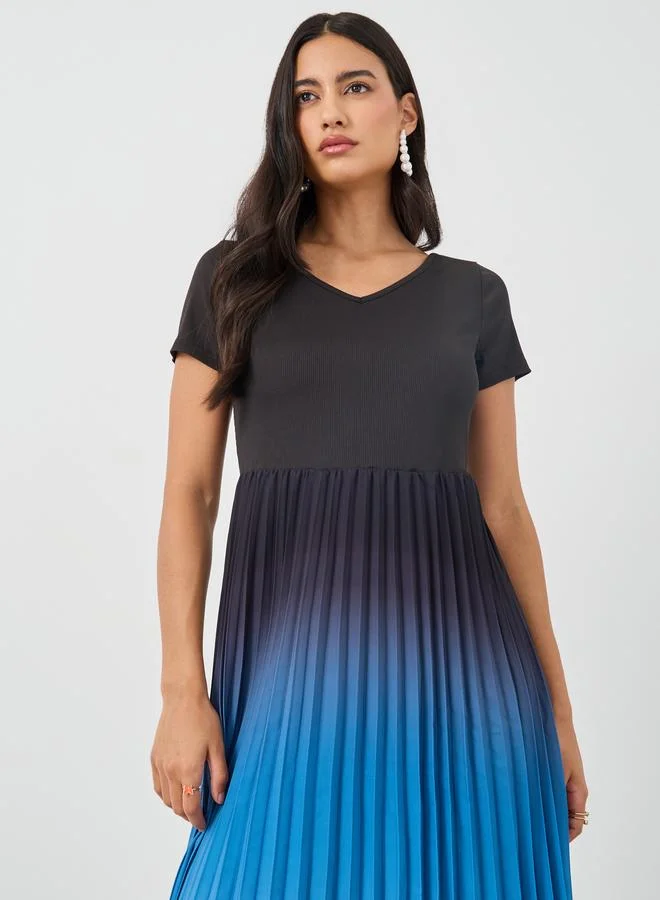 Take Two Take Two Ambre Print Pleated Short Sleeve Midi Dress