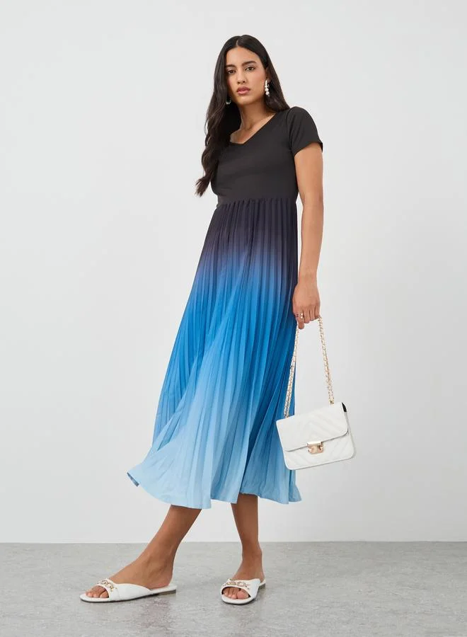 Take Two Take Two Ambre Print Pleated Short Sleeve Midi Dress
