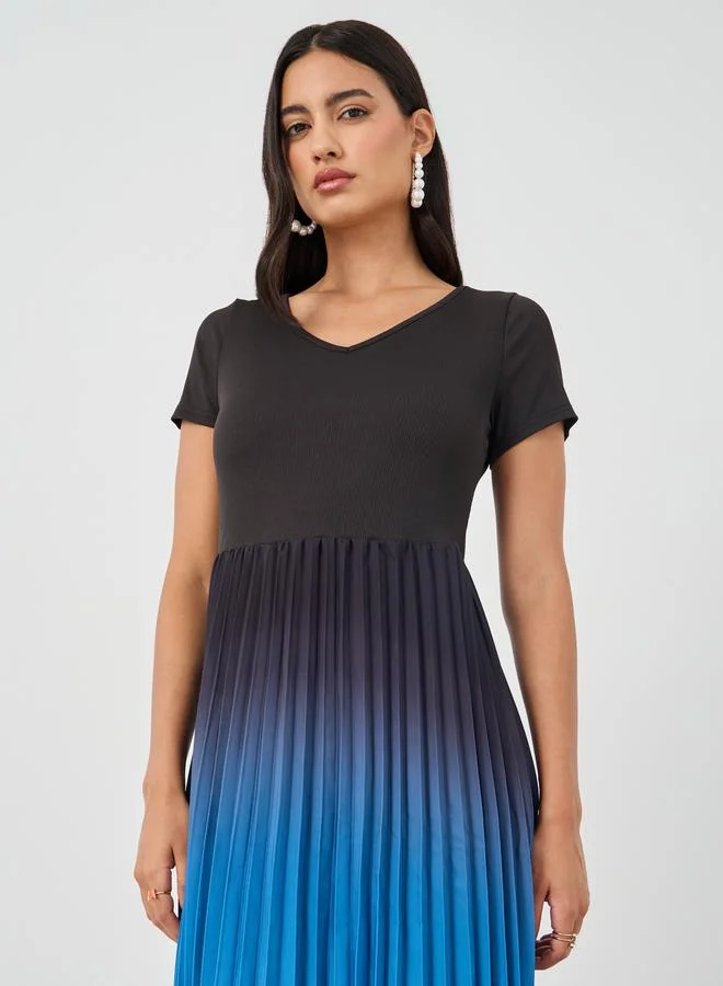 Take Two Take Two Ambre Print Pleated Short Sleeve Midi Dress