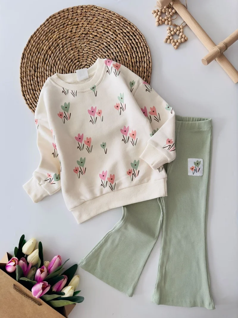 Miniğimin Cicileri My Little Ones Tulip Patterned Spanish Ribbed 2 Piece Girl's Set - Green