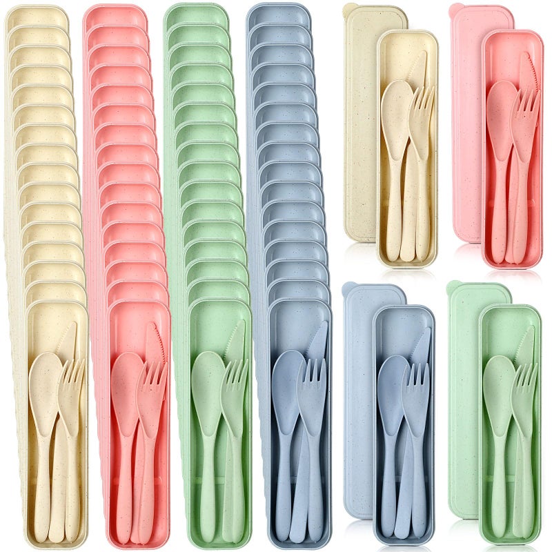 Jinei Jinei 50 Sets Wheat Straw Utensils Reusable Travel Utensils Set with Case Portable Spoon Knife Forks Dinnerware Eco Friendly Cutlery for Kids Adults Camping