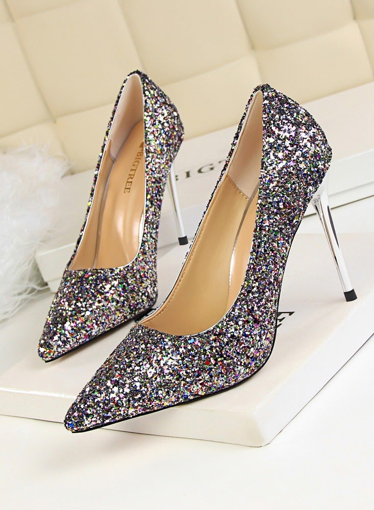 BIGTREE Women's Shiny Sequins Fashionable Stiletto Pumps 9.5 cm Elegant Gorgeous Closed Pointed Toe Slip On Solid High Heels Multicolor  - Image 1