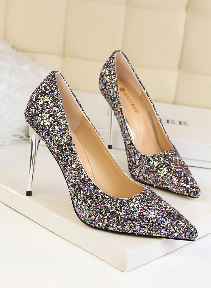 BIGTREE Women's Shiny Sequins Fashionable Stiletto Pumps 9.5 cm Elegant Gorgeous Closed Pointed Toe Slip On Solid High Heels Multicolor  - Image 2