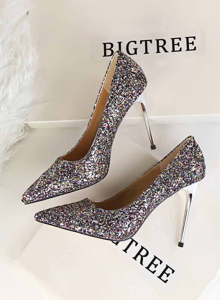 BIGTREE Women's Shiny Sequins Fashionable Stiletto Pumps 9.5 cm Elegant Gorgeous Closed Pointed Toe Slip On Solid High Heels Multicolor  - Image 3