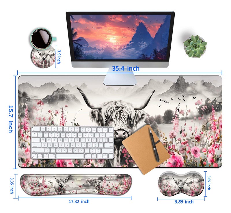 HaoSiTeck 4-Piece Extended Large Mouse Pad Set for Women Men with Highland Cow Design Includes 35.4 x 15.7 XXL Large Mouse Pad Keyboard Wrist Rest Mouse Wrist Support and Coaster for Office Home - Image 5