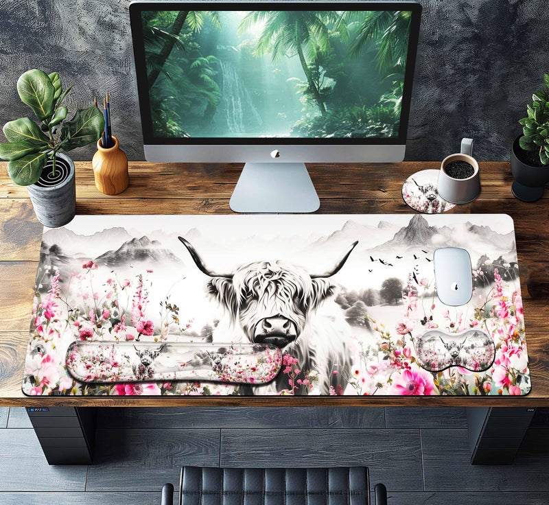 HaoSiTeck 4-Piece Extended Large Mouse Pad Set for Women Men with Highland Cow Design Includes 35.4 x 15.7 XXL Large Mouse Pad Keyboard Wrist Rest Mouse Wrist Support and Coaster for Office Home - Image 2