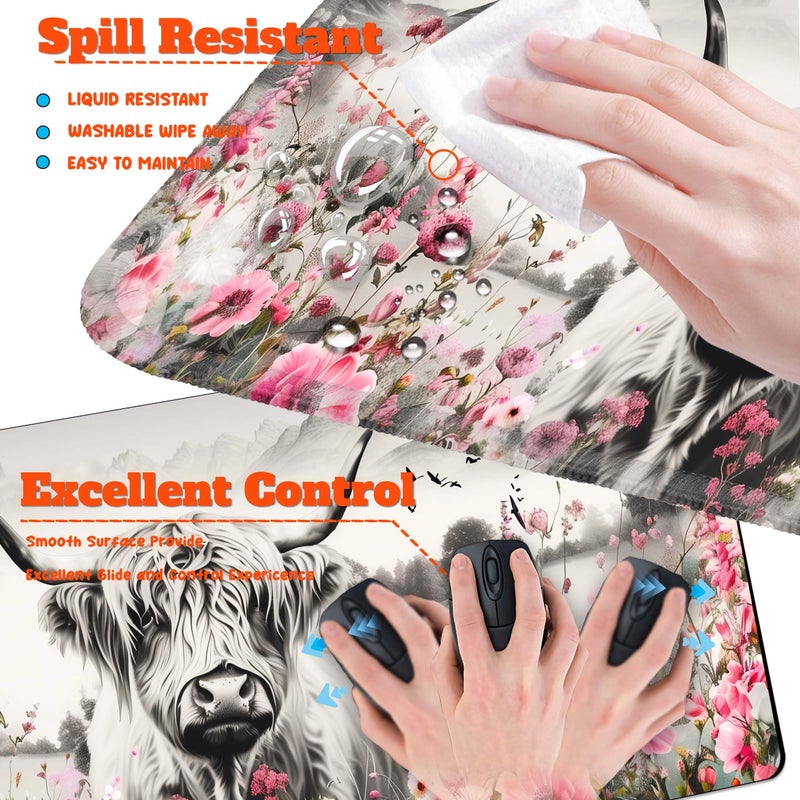 HaoSiTeck 4-Piece Extended Large Mouse Pad Set for Women Men with Highland Cow Design Includes 35.4 x 15.7 XXL Large Mouse Pad Keyboard Wrist Rest Mouse Wrist Support and Coaster for Office Home - Image 4