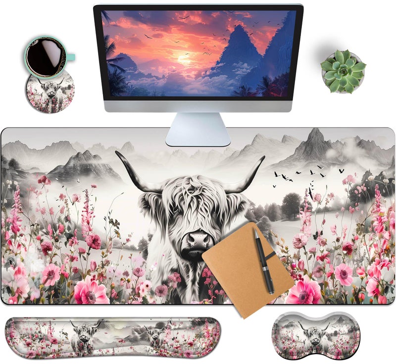 HaoSiTeck 4-Piece Extended Large Mouse Pad Set for Women Men with Highland Cow Design Includes 35.4 x 15.7 XXL Large Mouse Pad Keyboard Wrist Rest Mouse Wrist Support and Coaster for Office Home - Image 1