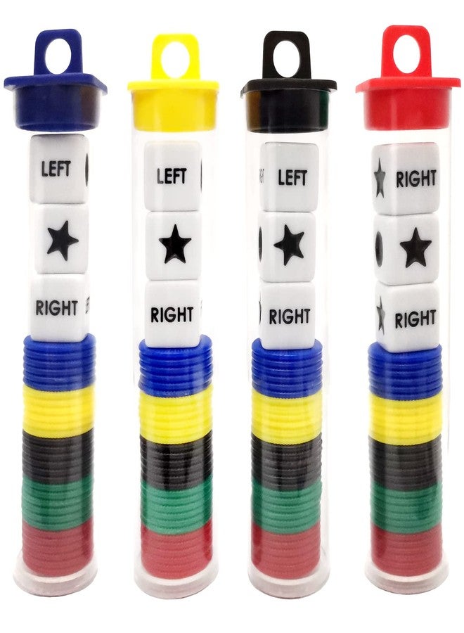 Ahoper Right Left Center Dice Game Prime Set Bundle with 3 Dices + 30 Chips - 4 Sets Assorted Colors. Round Tube Storage is Very Convenient for Travel. Easy to Store, Carry Around. (4 Pack) - Image 1