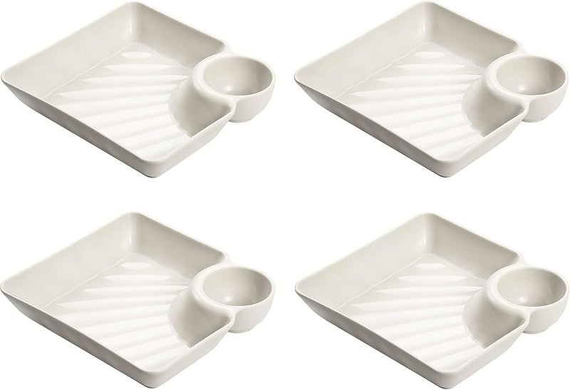 Eletree Chip and Dip Serving SetPlastic Dumpling Plates with Sauce Compartment Square Serving Plates with Sauce Holder Snack Plates Serving Dish Platter Tray for Party 4 White - Image 1