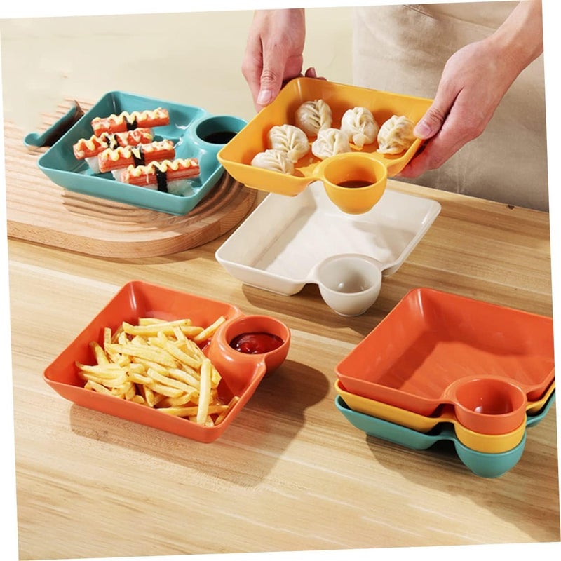 Eletree Chip and Dip Serving SetPlastic Dumpling Plates with Sauce Compartment Square Serving Plates with Sauce Holder Snack Plates Serving Dish Platter Tray for Party 4 White - Image 5