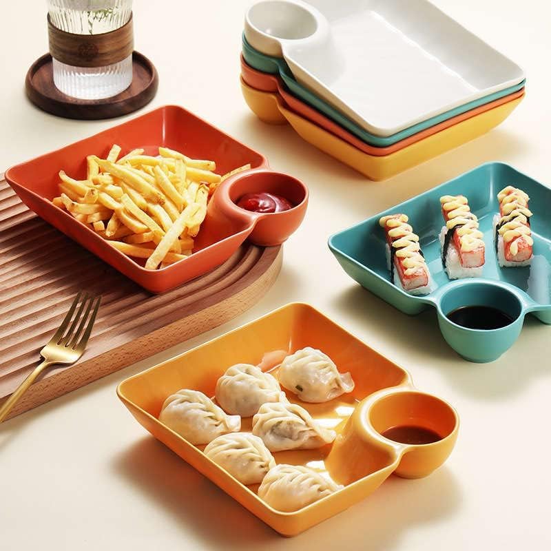 Eletree Chip and Dip Serving SetPlastic Dumpling Plates with Sauce Compartment Square Serving Plates with Sauce Holder Snack Plates Serving Dish Platter Tray for Party 4 White - Image 3