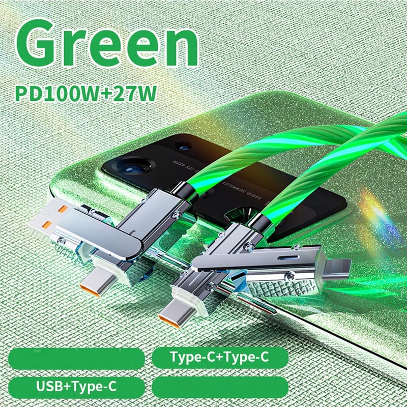 IHAO كابل شاحن IHAO متعدد المنافذ 4 تركيبات في كابل واحد USBA/USBC إلى USB C سريع الشحن مع إضاءة LED متدفقة متوافق مع معظم الأجهزة الكهربائية - 39 بوصة أخضر - Image 2