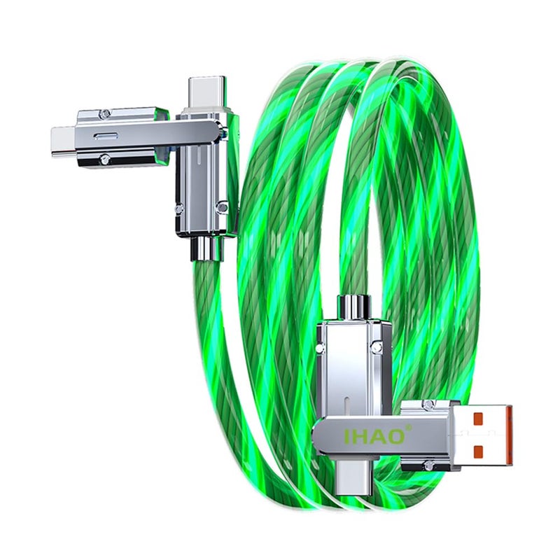 IHAO كابل شاحن IHAO متعدد المنافذ 4 تركيبات في كابل واحد USBA/USBC إلى USB C سريع الشحن مع إضاءة LED متدفقة متوافق مع معظم الأجهزة الكهربائية - 39 بوصة أخضر - Image 1
