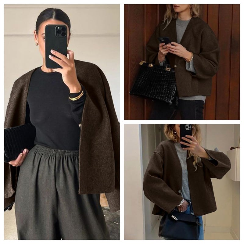 HOTIAN Women Cropped Wool Blend Coats Long Sleeve Coat Jacket Peacoat Fall Winter Outwear Overcoat - Image 5